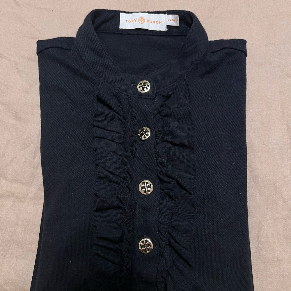 Tory Burch Black Knit Top, Black Ruffle Blouse, Short Sleeve, XXS/TTP
